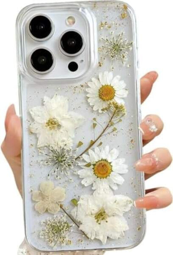 iPhone 13 Pro Klart Deksel med Pressede Ekte Blomsterdesign, Glitter Søt Hvit Blomstermønster Slank Myk TPU Beskyttende Kvinne
