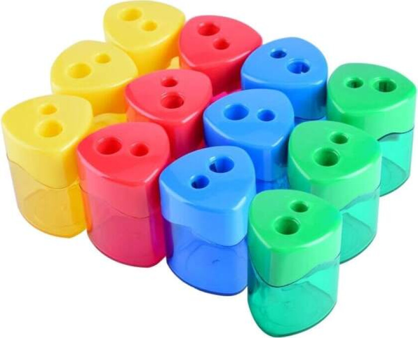 Sett med 12 manuelle blyantspisser, 2 hulls blyantspisser for