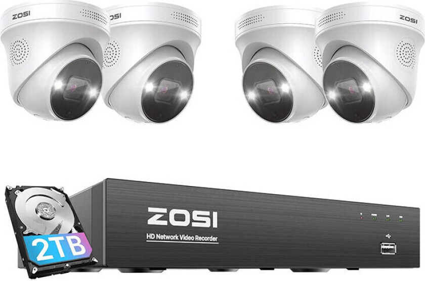 Zosi C225 IP Overvåkingskamera - 4 stk. WiFi, 5MP, NVR 8ch, 2TB HDD