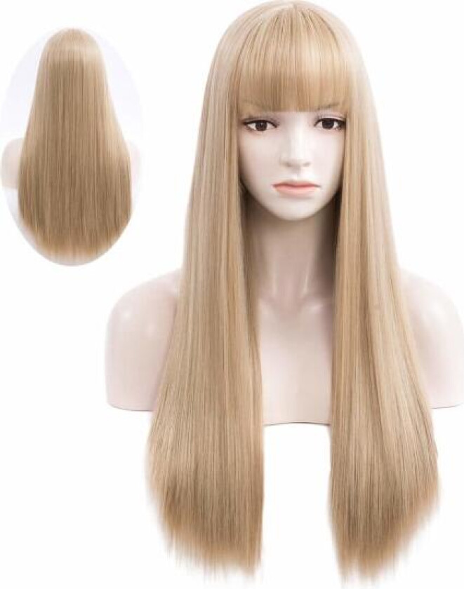 Blond parykk med lugg, lang rett askeblond parykk for kvinner, 27 tommer varmebestandig syntetisk damehår Parykker for cosplayfest Halloween