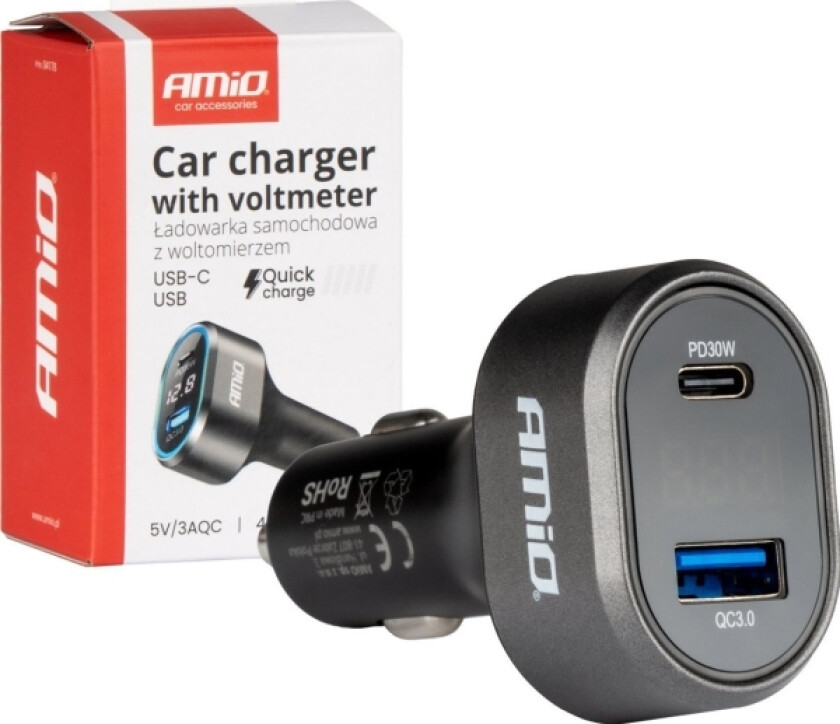 Lader Rask Billader Med Voltmeter 48W Pd30w Qc3.0 Usb-A Usb-C -04178