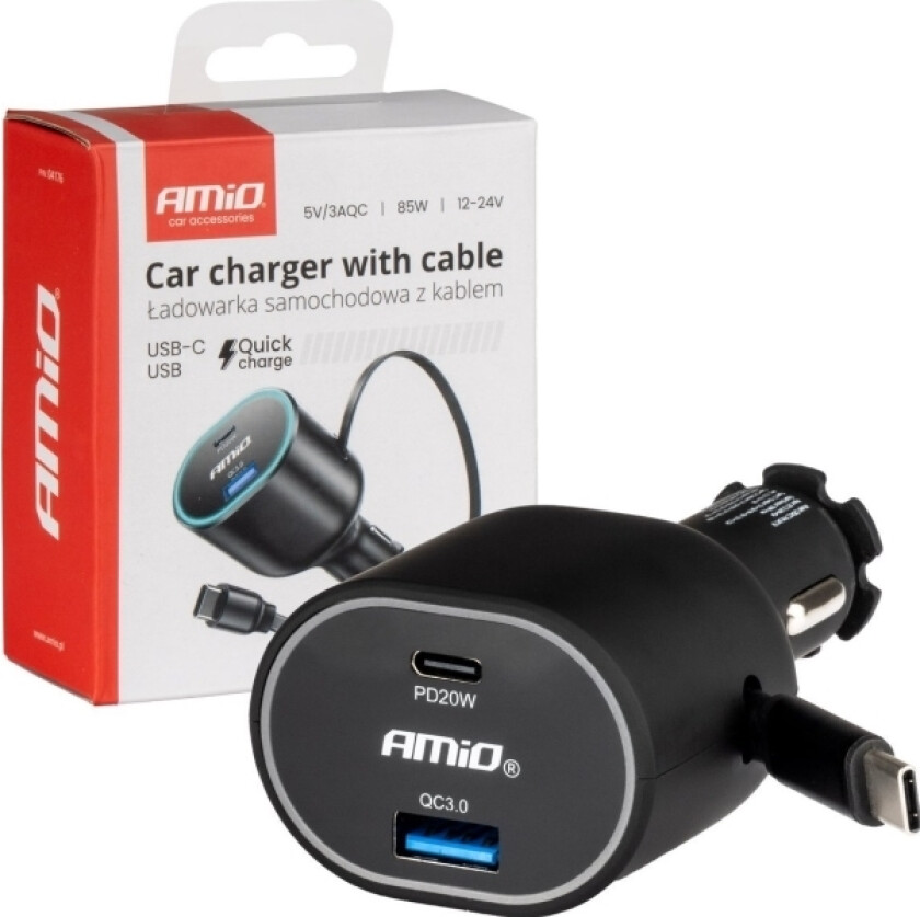 Lader Rask Billader Med Uttrekkbar Kabel 85W Pd30w Pd20w + Qc3.0 Usb-A Usb-C -04176