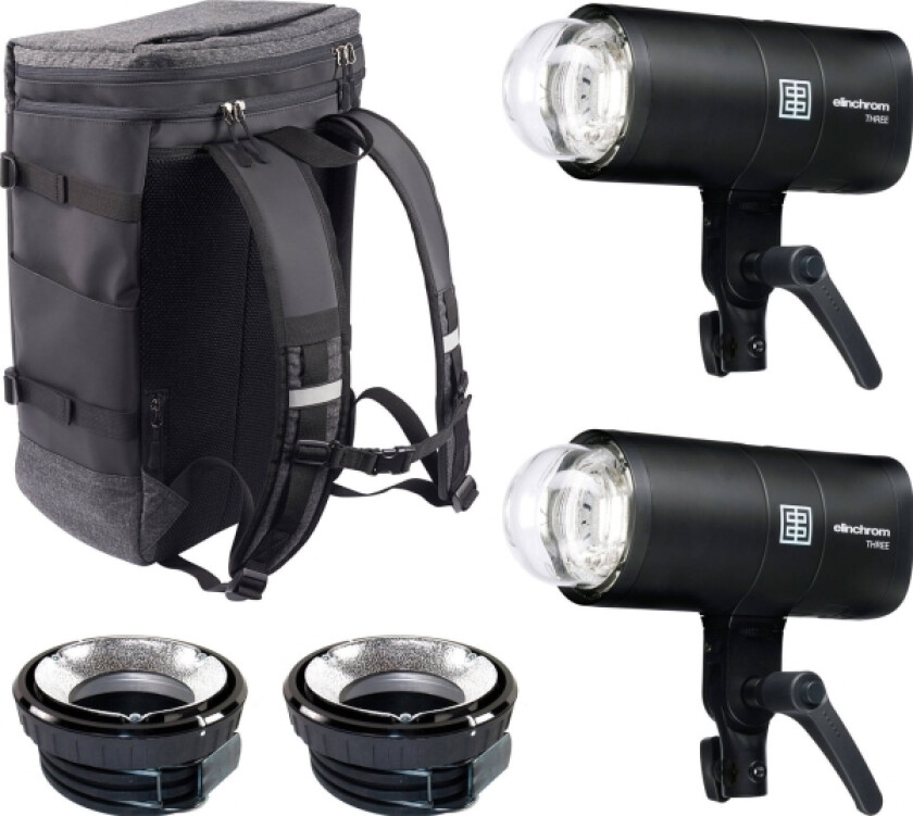 THREE Off-Camera Flash Dual 2stk 260Ws, USB-C ladbar LiIon batteri.
