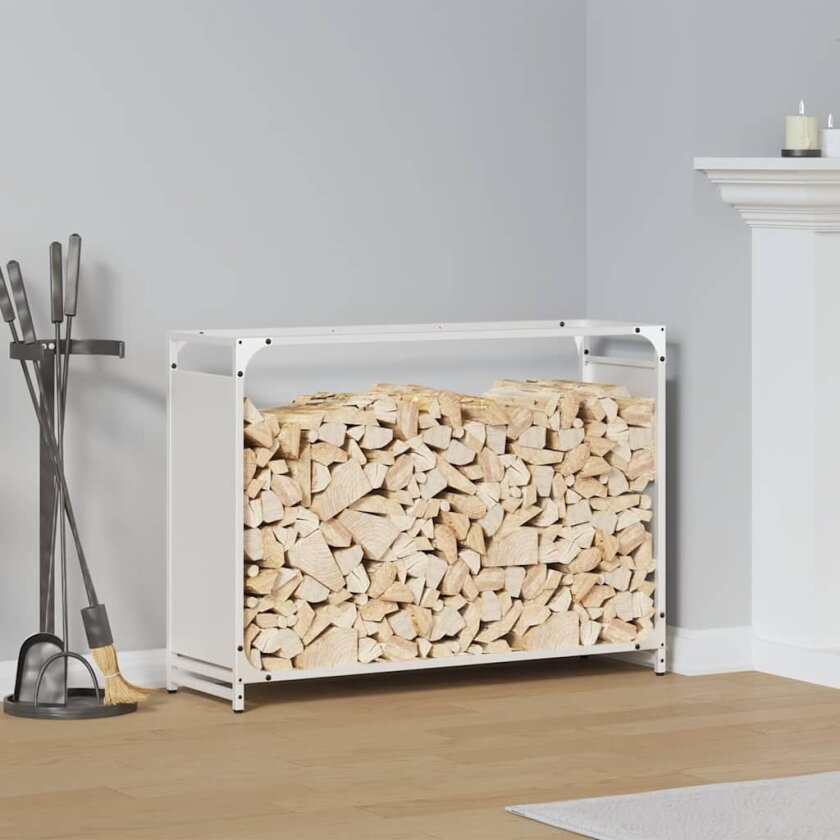 Vedstativ hvit 90x28x65 cm kaldvalset stål