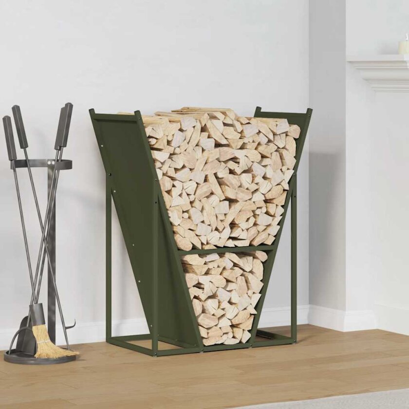Vedstativ olivengrønn 69,5x35x81 cm kaldvalset stål