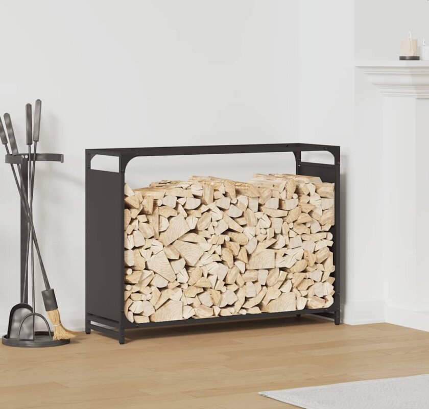 Vedstativ svart 90x28x65 cm kaldvalset stål