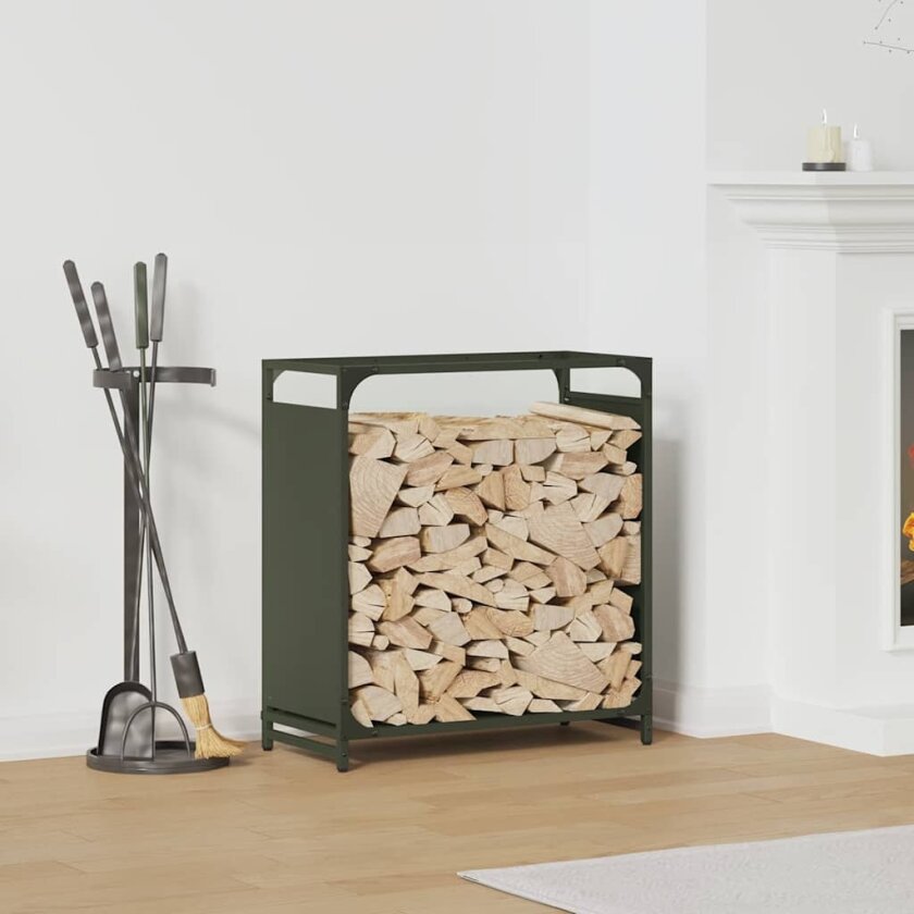 Vedstativ olivengrønn 60x28x65 cm kaldvalset stål