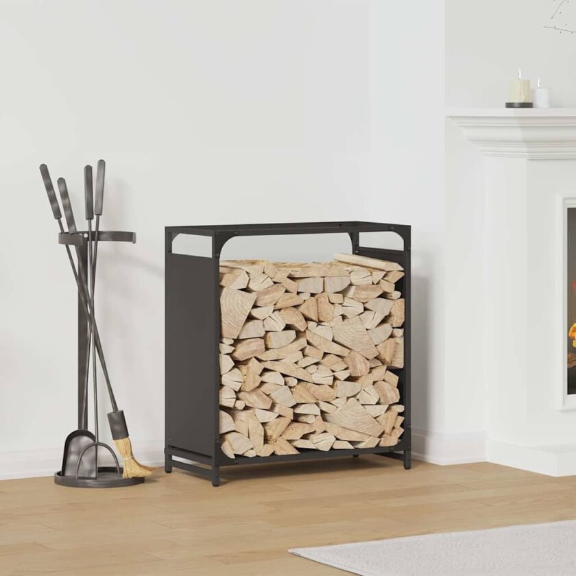 Vedstativ svart 60x28x65 cm kaldvalset stål