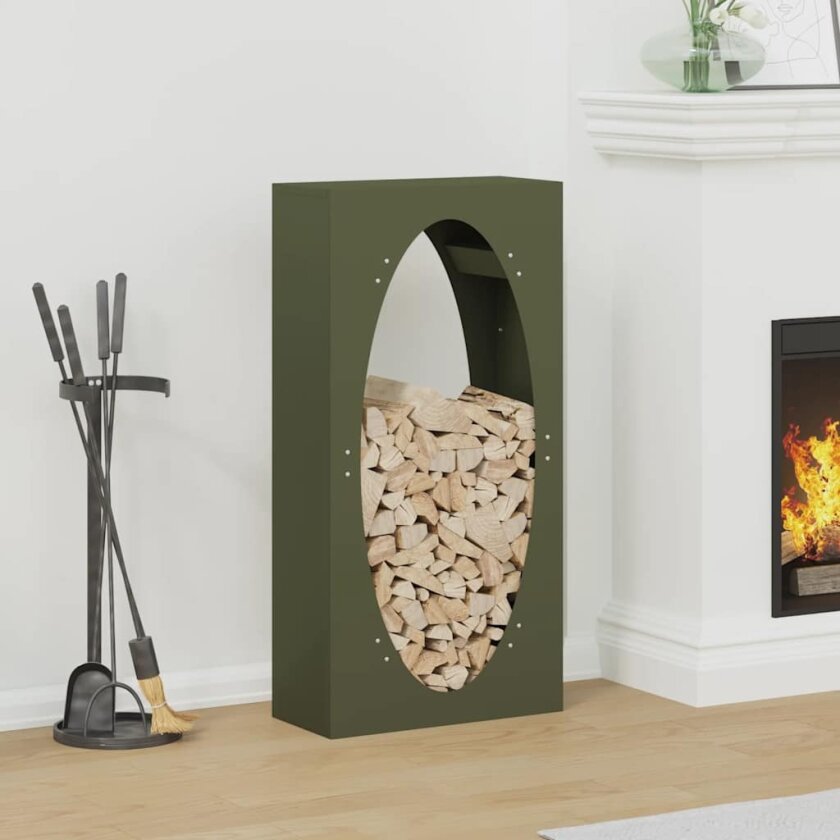 Vedstativ olivengrønn 50x23x100 cm kaldvalset stål