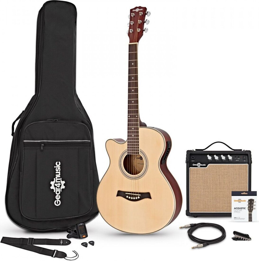 Gear4Music Single Cutaway Venstrehendt Elektroakustisk Gitar + 15W Forsterkerpakke