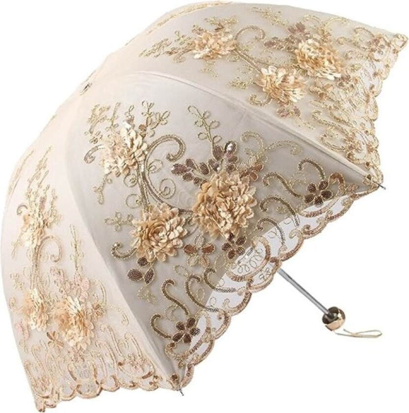 Vintage blonder UV solparasoll, sammenleggbar 3D blomsterbroderi paraply