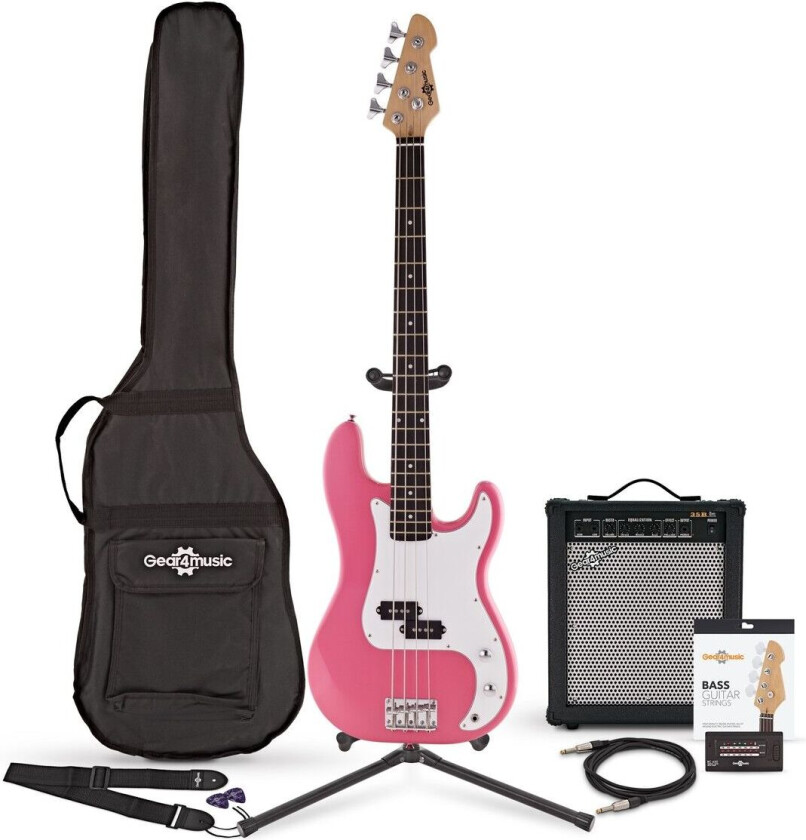 Gear4Music LA Bassgitar + 35W Forsterkerpakke Rosa