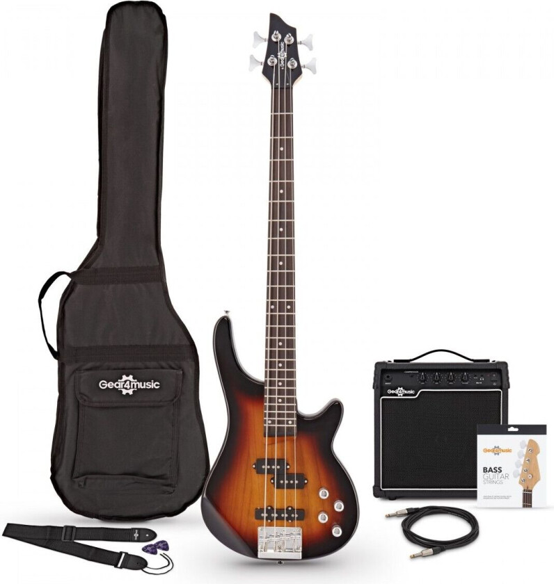 Gear4Music Chicago Bassgitar + 15W Forsterkerpakke Sunburst