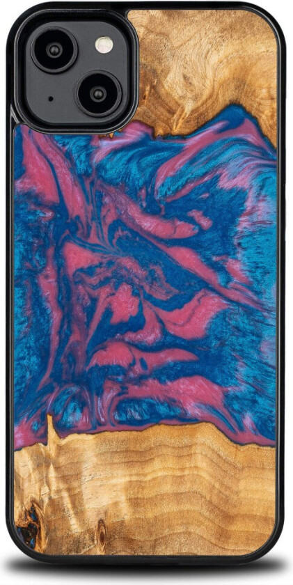 Bewood Unique Cover for iPhone 15 Plus - tre og harpiks, rosa/blått (støtter MagSafe)