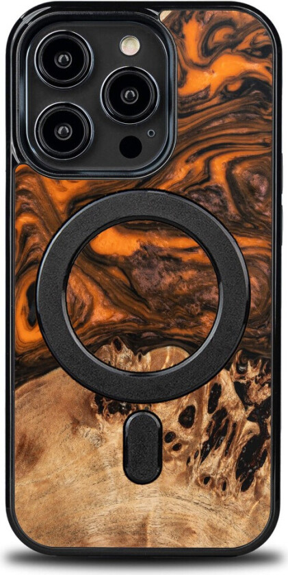 Bewood Unique Case for iPhone 15 Pro - Tre og Resin, kompatibel med MagSafe - Oransje og Svart