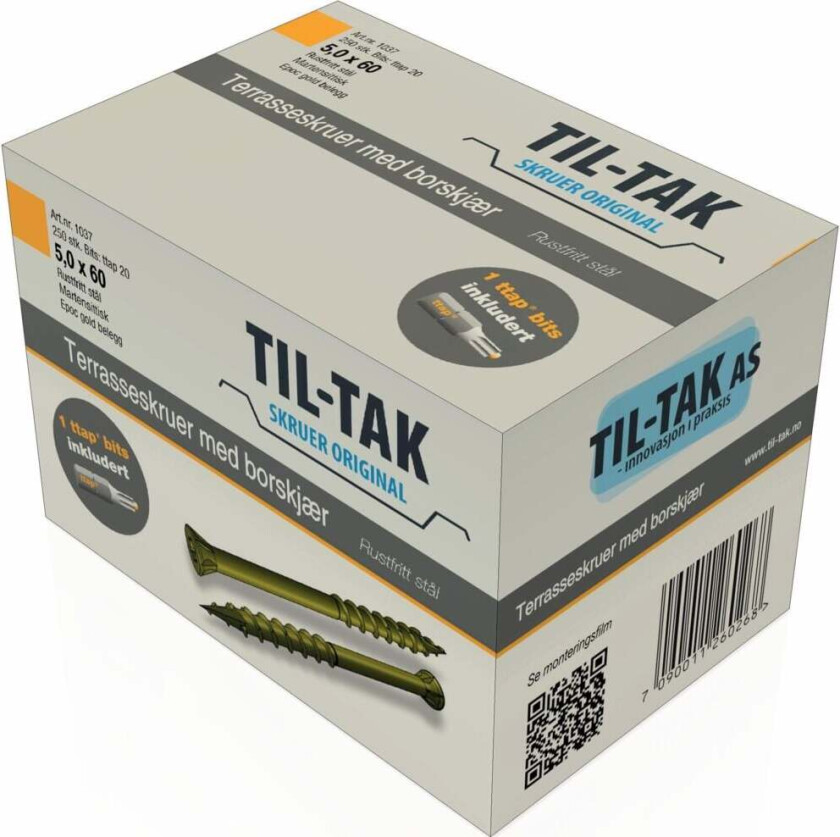 Til-Tak terrasseskrue rustfri med borskjær terrasseskrue rustfri 250 stk. Brukes til innfestning av Original plater.