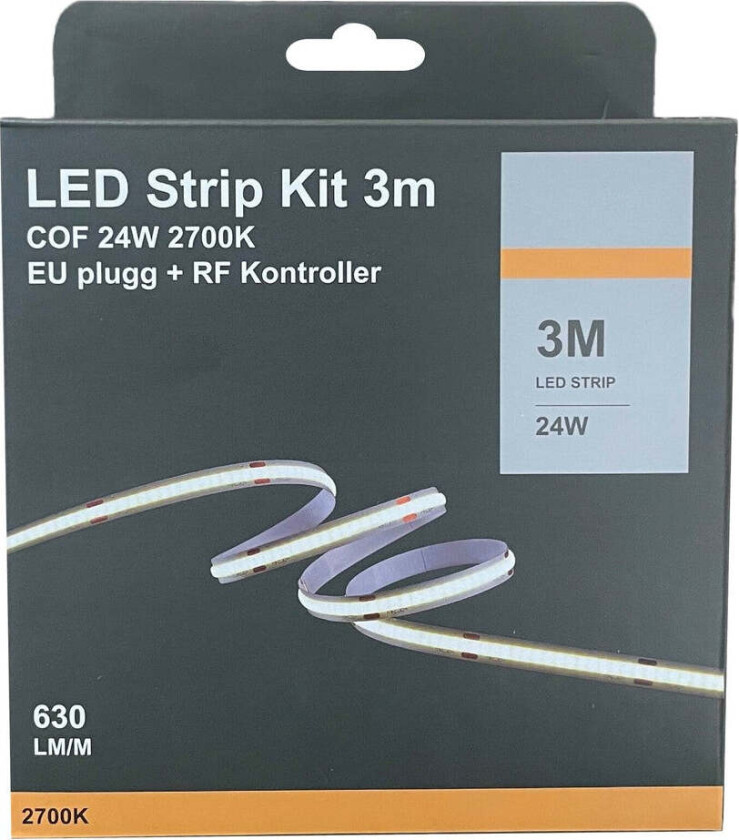 LED Strip kit 27W 2700 Kelvin med EU-plug, dimmer og fjernkontroll - 3 meter - Hvit