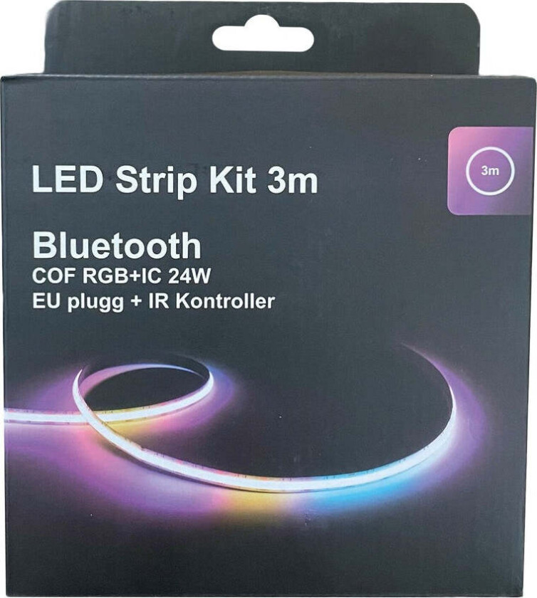 LED Strip kit 27W RGB med EU-plug, dimmer, bluetooth og fjernkontroll - 3 meter - Hvit
