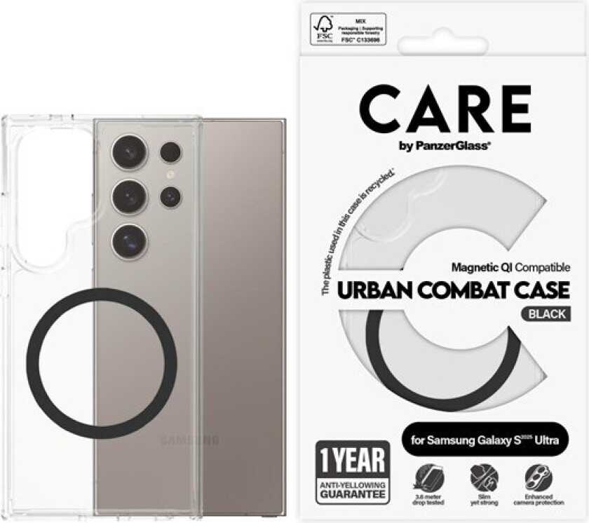 Flagship Case Transparent Urban Combat w. Black QI Compatible Samsung Galaxy S25 Ultra