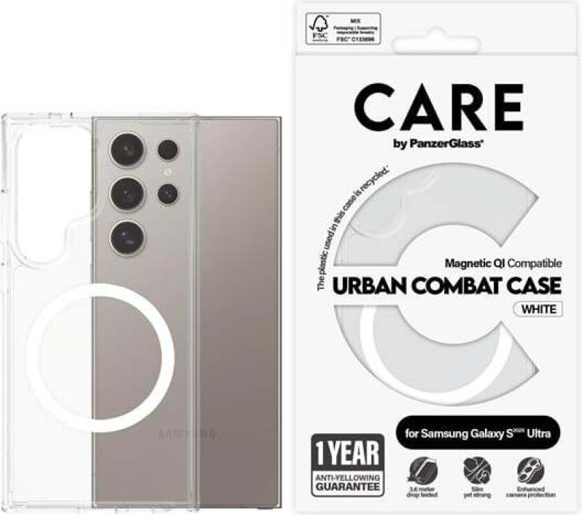 Flagship Case Transparent Urban Combat w. White QI Compatible Samsung Galaxy S25 Ultra