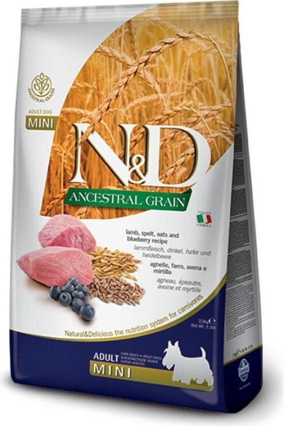 N&D Ancestral Grain Lamb & Blueberry Adult Mini Tørrfôr til hund 2,5 kg