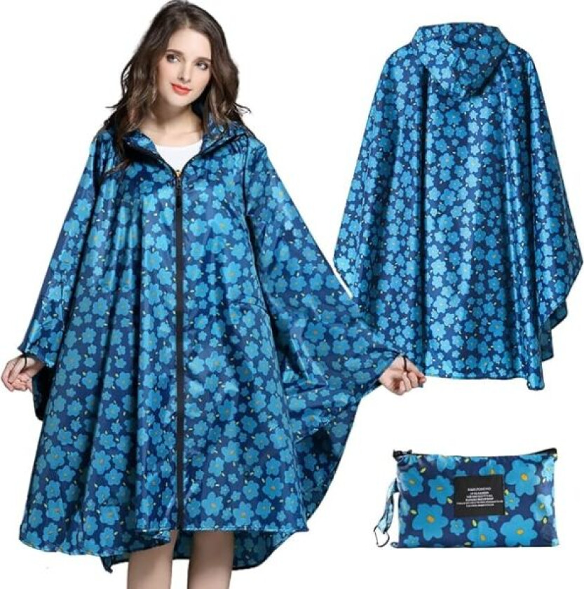Regnfrakk for kvinner, lang regnponcho, vanntett regntøy, regnjakke, vindtett regnkappe, regnfrakk, regnbeskyttelsesklær med klafflomme Navy blue