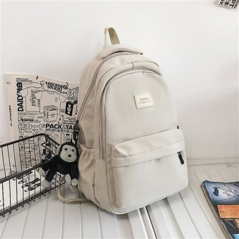 Dame Ryggsekk Ensfarget Kvinnelig Multi-lomme Casual Dame Reiseveske Høy Kvalitet Skolesekk for Tenåringsjente Bok Ryggsekk Beige Hvit Med Anheng Beige