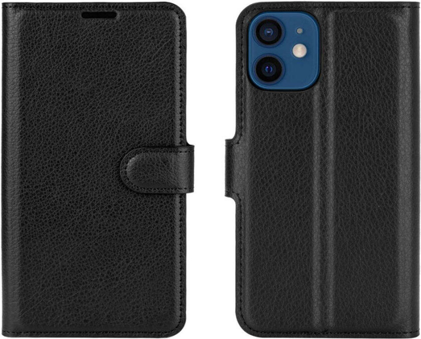 iPhone 12 Mini Kunstskinn Flip Deksel m. Kortholder & Ståfunksjon - Svart