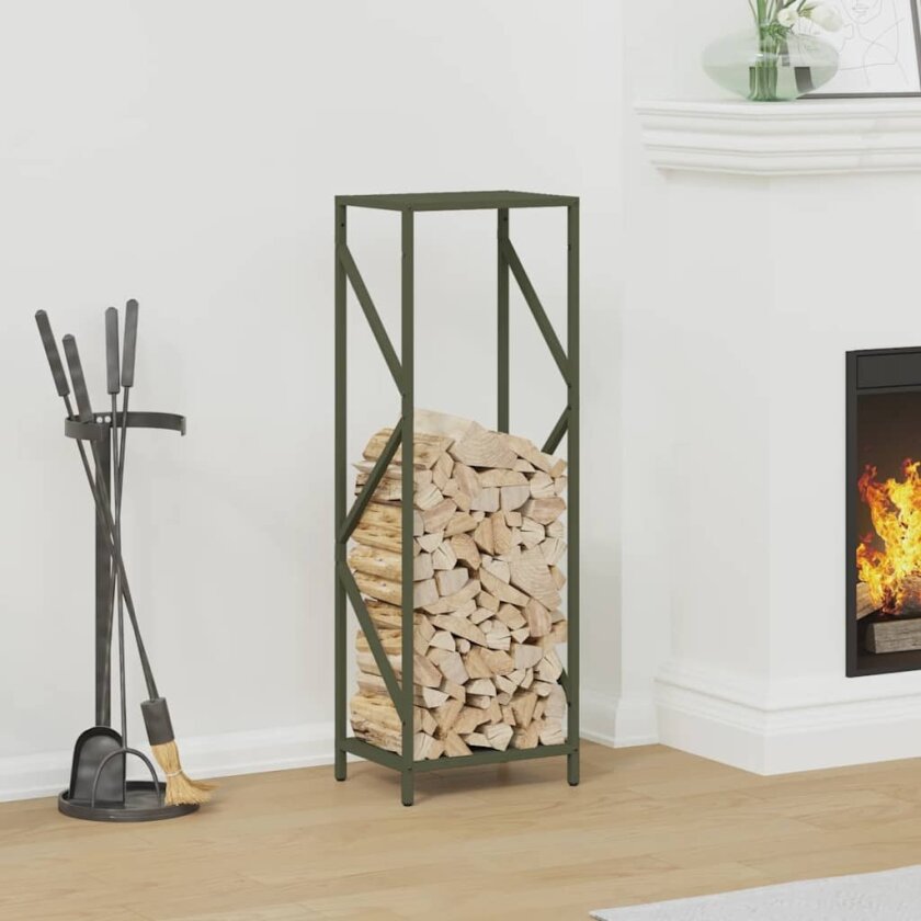 Vedstativ olivengrønn 34x25x100 cm kaldvalset stål