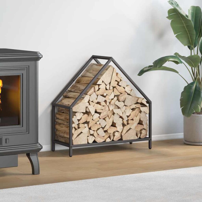 Vedstativ svart 60x25x60 cm kaldvalset stål