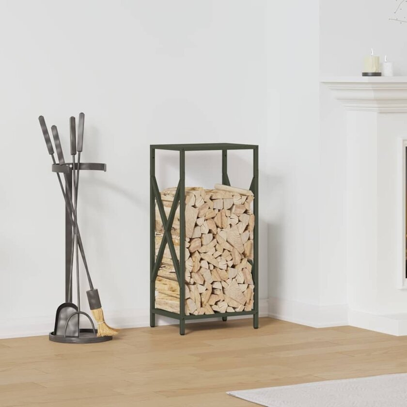 Vedstativ olivengrønn 34x25x70 cm kaldvalset stål