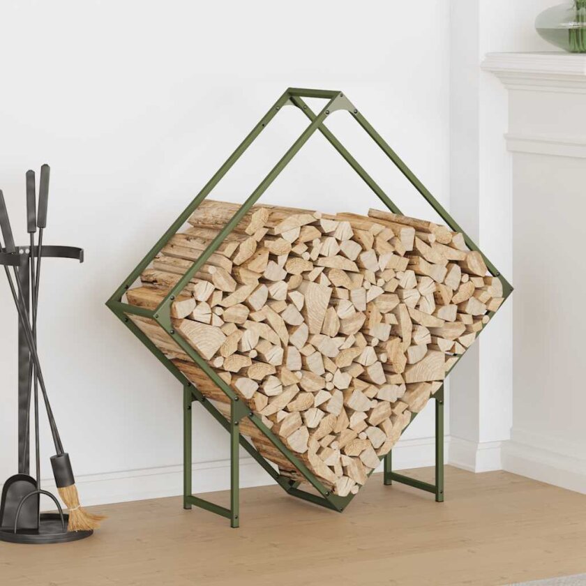 Vedstativ olivengrønn 100x25x100 cm kaldvalset stål