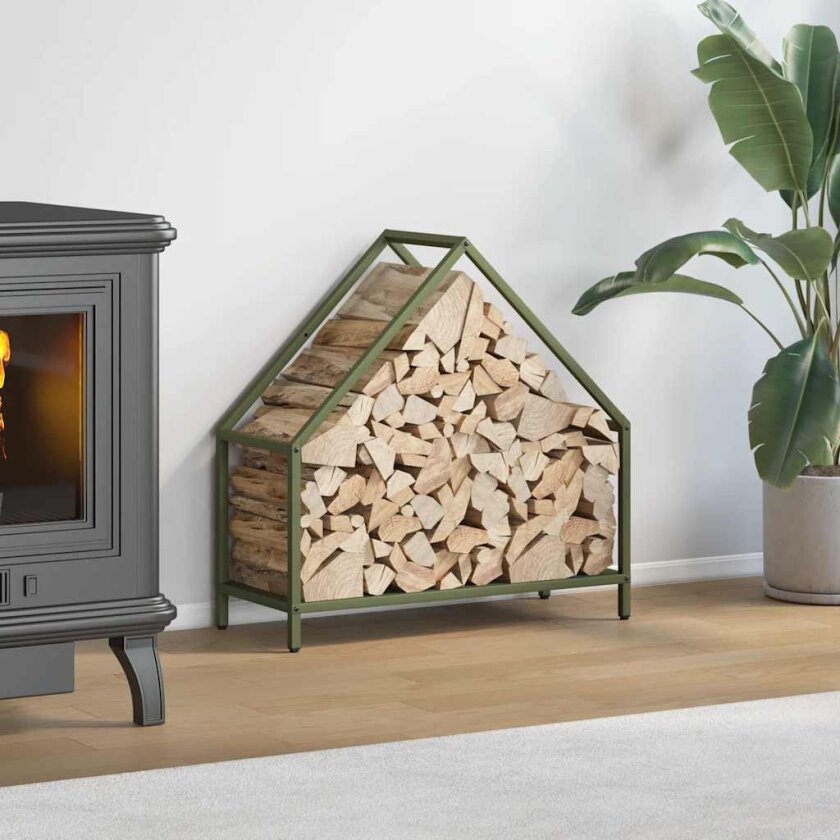Bilde av Vedstativ olivengrønn 60x25x60 cm kaldvalset stål