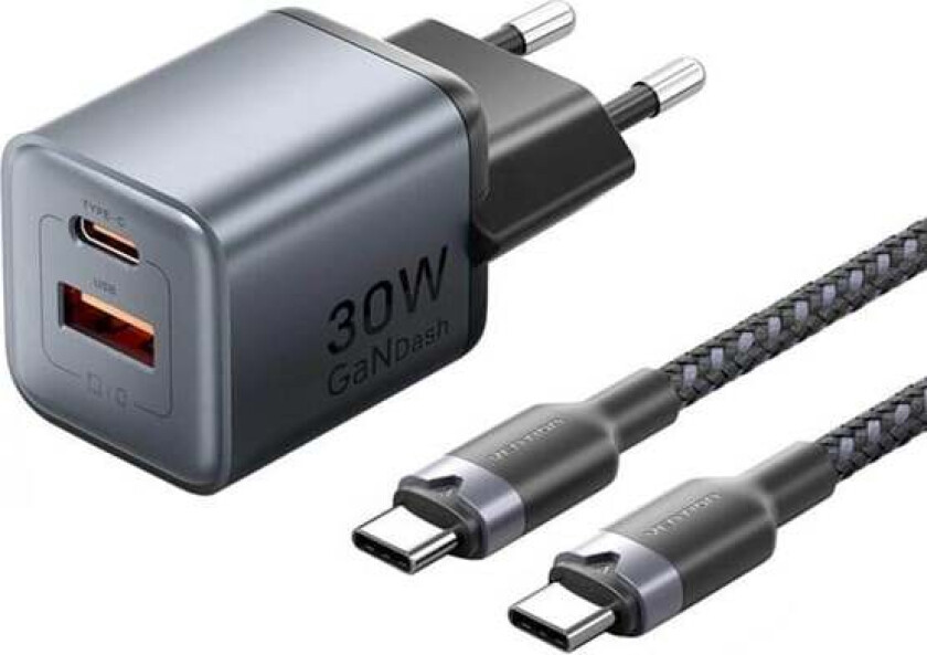 GaN USB-C+A 30W Charger + USB-C-C Cable 1m (Gray)