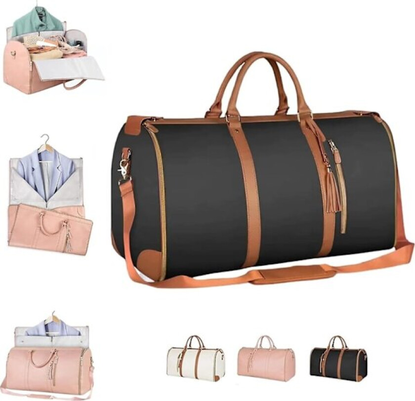 2-i-1 Foldbar PU-Lær Duffelveske Konvertibel Dress Travel Bag Klesvesker For Kvinner Black