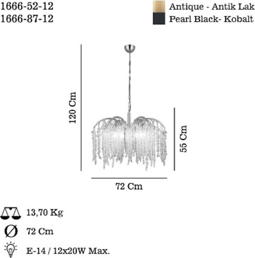 Hengelampe Grape, antikk messing, Ø 72 cm metall/glass 12 lyskilder.