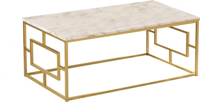 Vg12 salongbord, rektangulært - hvit marmorlook melamin og gullmetall (100x60)