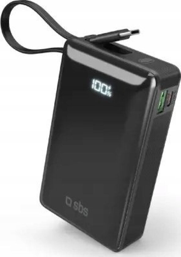 Powerbank Sbs 20000Mah, 20W, Lcd, Integrert Kabel, Sort