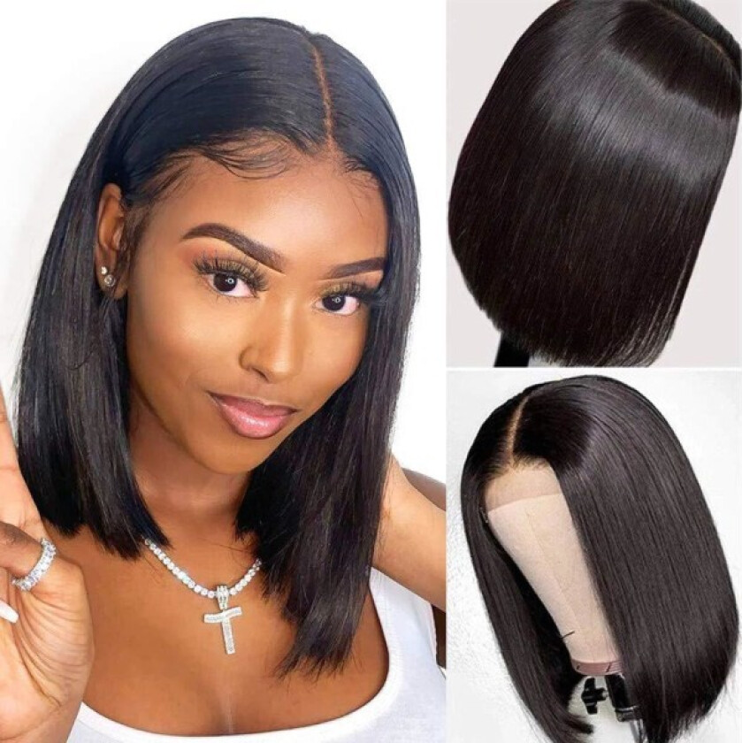 12\" Kort Bob Parykk Menneskehår Lace Closure Forhåndslagt med Babyhår"