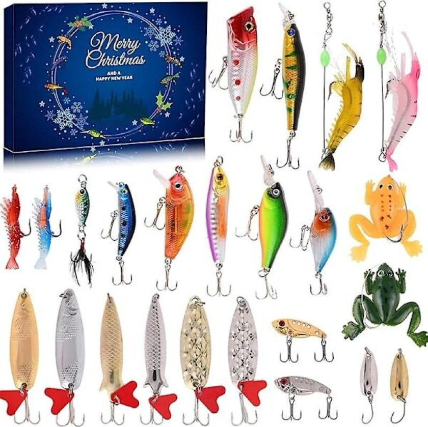 Adventskalender Fiske Jul Nedtelling, 24 Dagers Fiskebeitesett for Fiskere Voksne Menn Tenåringsgutter, Fiskebeite Julkalender