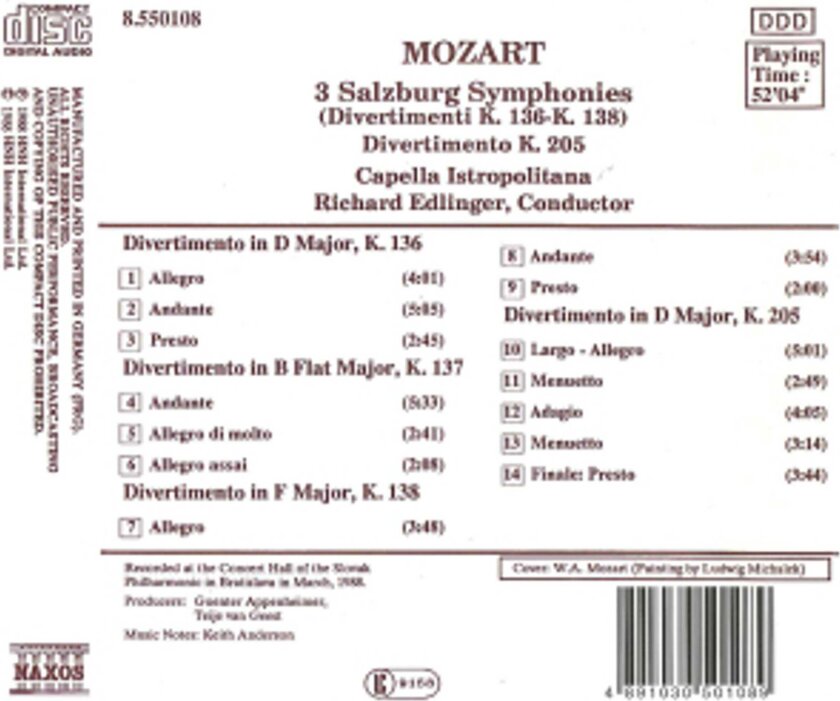 Capella Istropolitana Orchestra, Richard Edlinger Mozart: Salzburg Symphonies CD