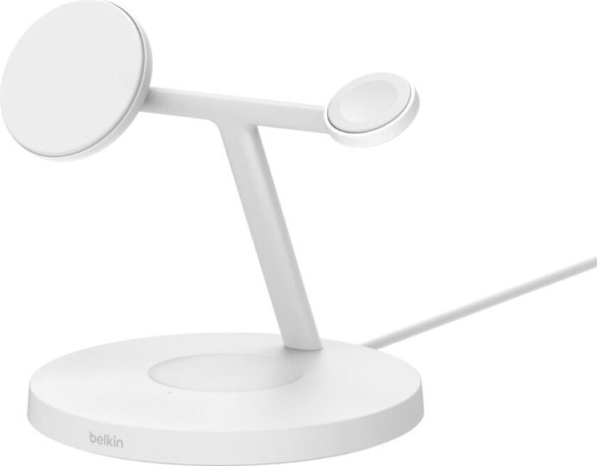 Bilde av Belkin Boostcharge Pro 3-In-1 - Trådløst Ladestativ - Med Qi2 + Ac-Strømadapter - 15 Watt - Fast Charge - Hvit
