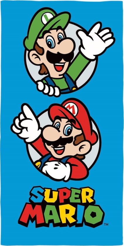 Super Mario håndkle - 70x140 cm - Barnehåndkle med Mario og Luigi - Badehåndkle 100% bomull
