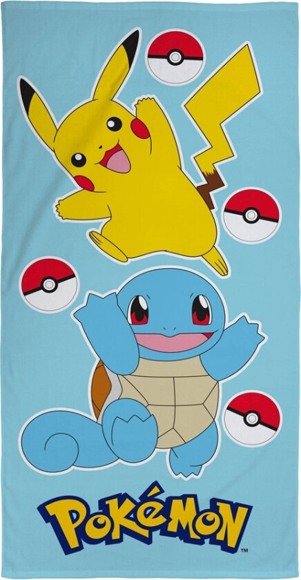 Pokémon håndkle - 70x140 cm - Barnehåndkle med Pikachu og Squirtle - Badehåndkle 100% bomull