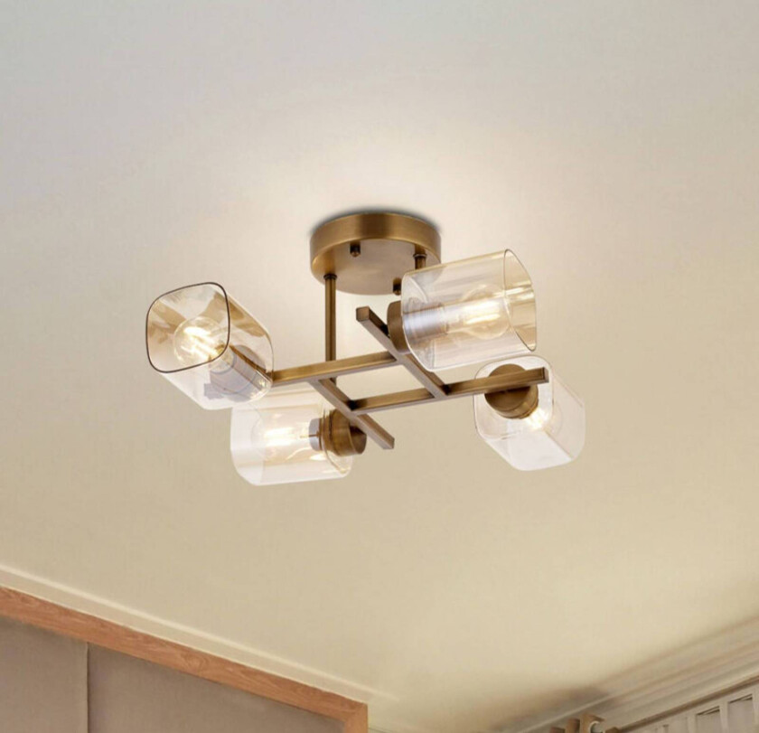 Taklampe Horia antikk gull/amber 44x44 cm glass/metall 4 lyskilder