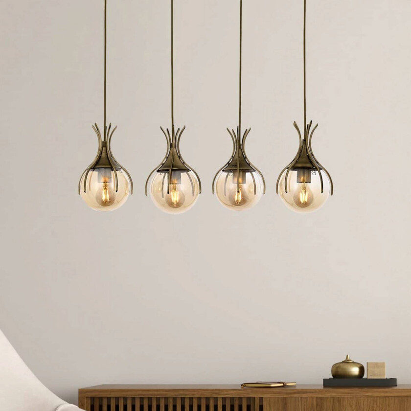 Sinka hengelampe, rav/antique gold, 80 cm glass/metall 4flg.