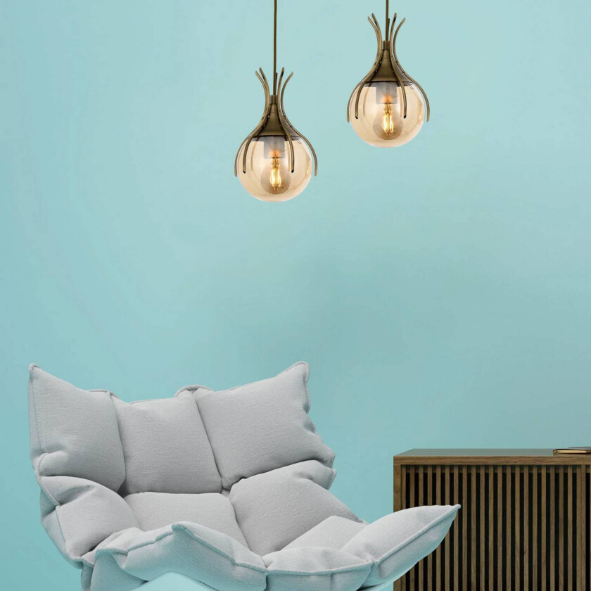 Sinka hengelampe, rav/gull antikk, Ø 13 cm, glass/metall