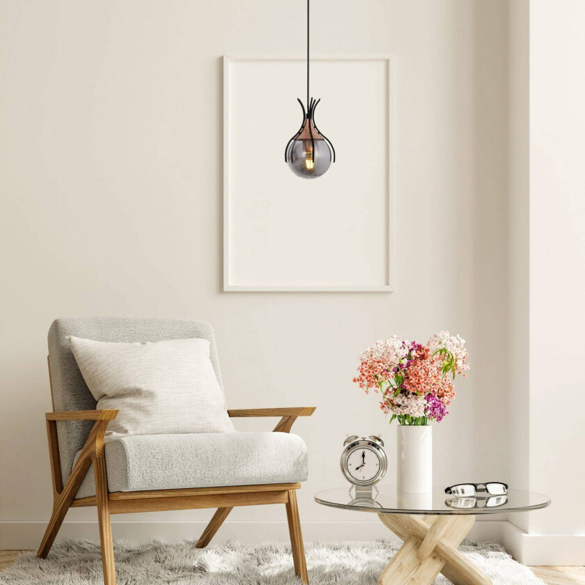 Sinka hengelampe, røykgrå/svart, Ø 13 cm, glass/metall