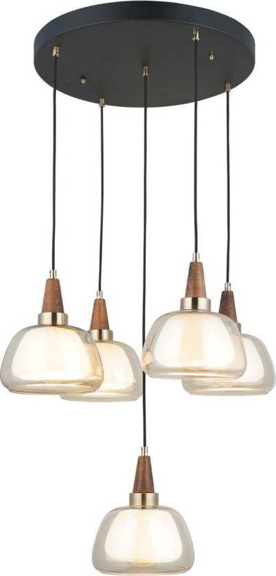 Ermo hengelampe, rund, 5 lyskilder, messing, Ø 61 cm, glass