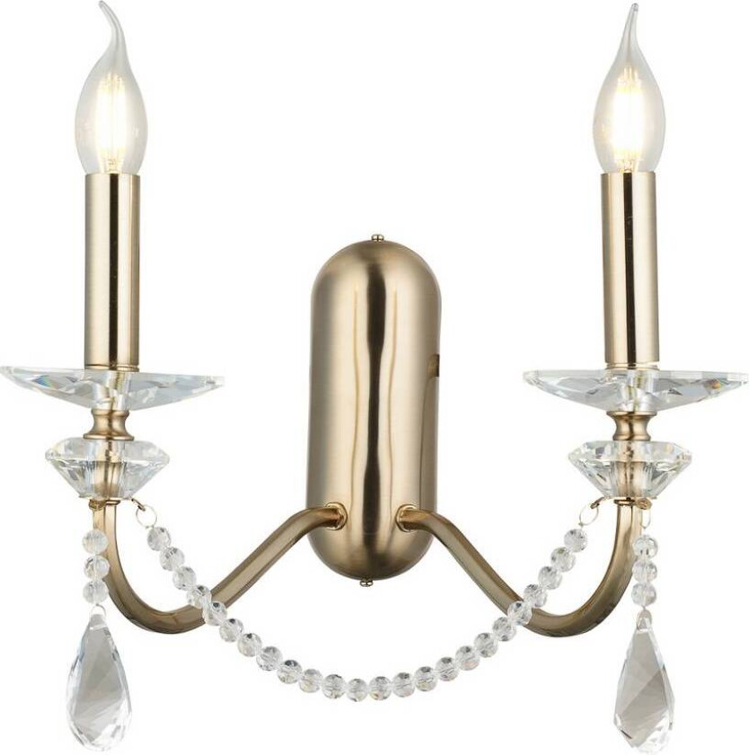 Adone vegglampe, 2 lyskilder, messing, høyde 30 cm, krystallglass